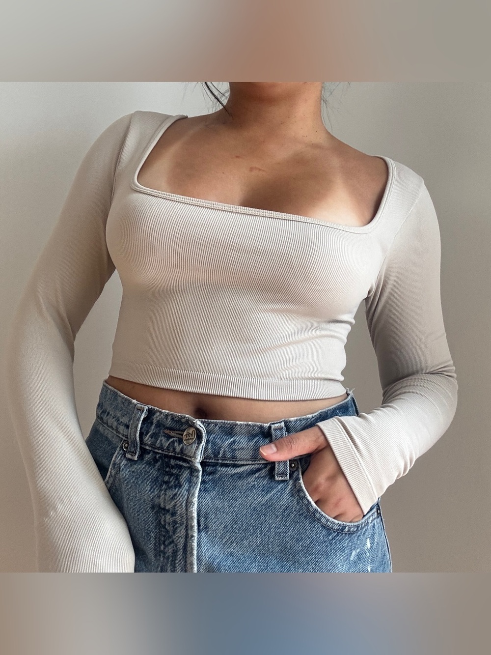 Dynamite Ribbed Square Neck Long Sleeve Crop Top in Cream
